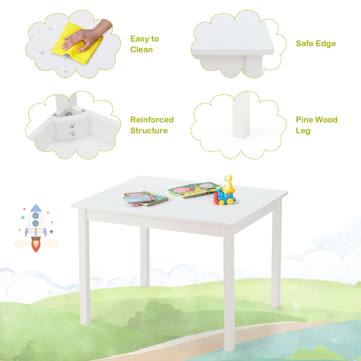 Juego de mesa y 5 sillas de madera de pino para niños