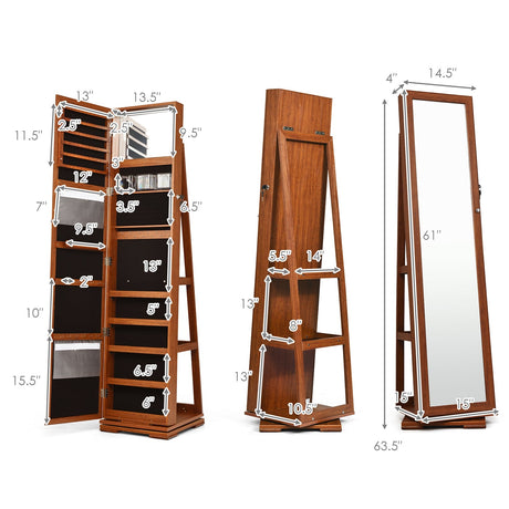 Gabinete de joyas con espejo de cuerpo entero, 2 en 1, giratorio 360° y con cerradura