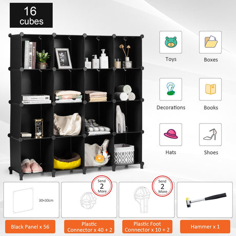 Organizador de Almacenamiento de Plástico de 16 Cubos con Marco de Acero Inoxidable - Negro