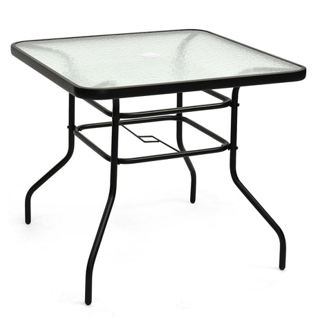 Mesa cuadrada de 32 pulgadas para patio con marco de acero y cristal templado