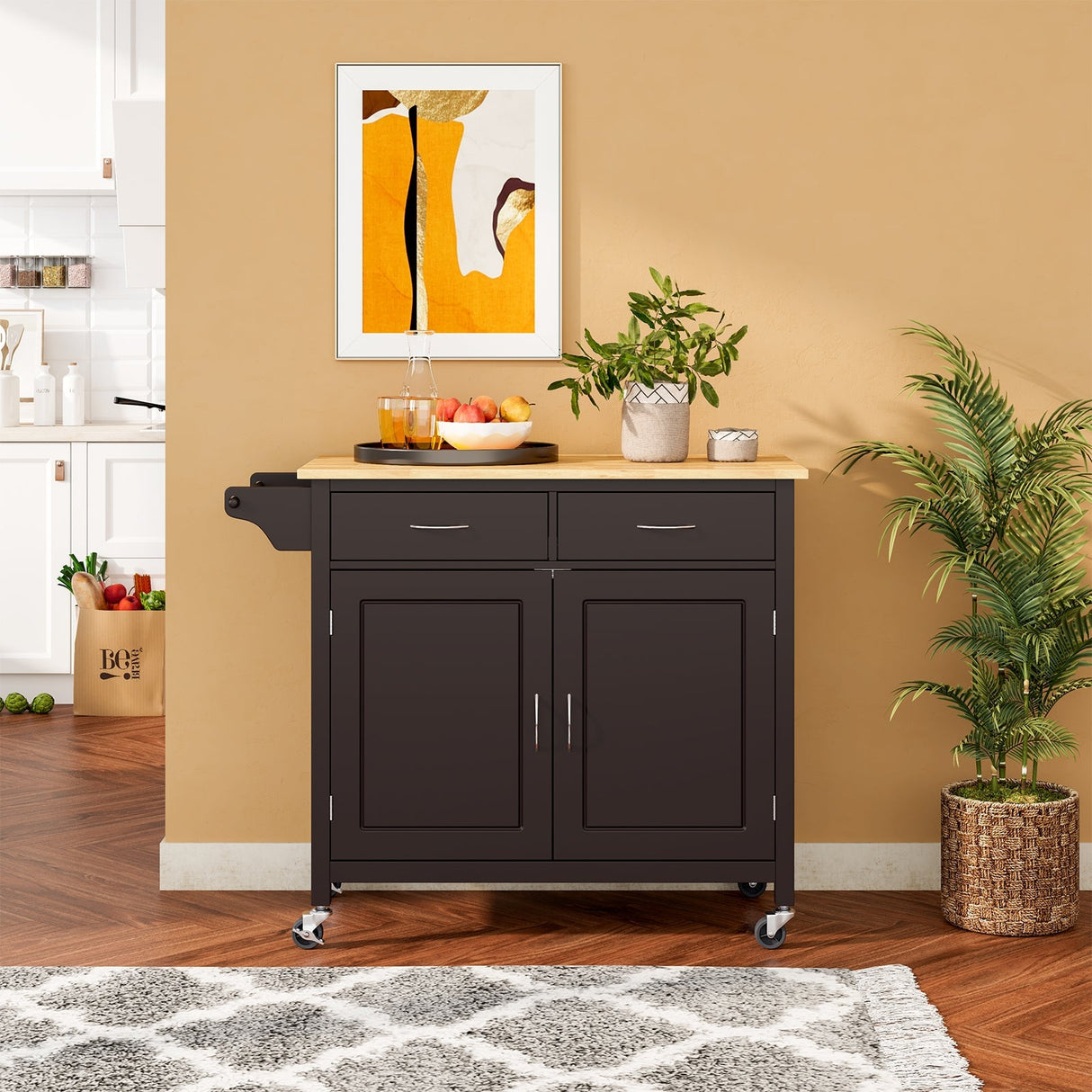 Isla de cocina moderna con ruedas y encimera de madera