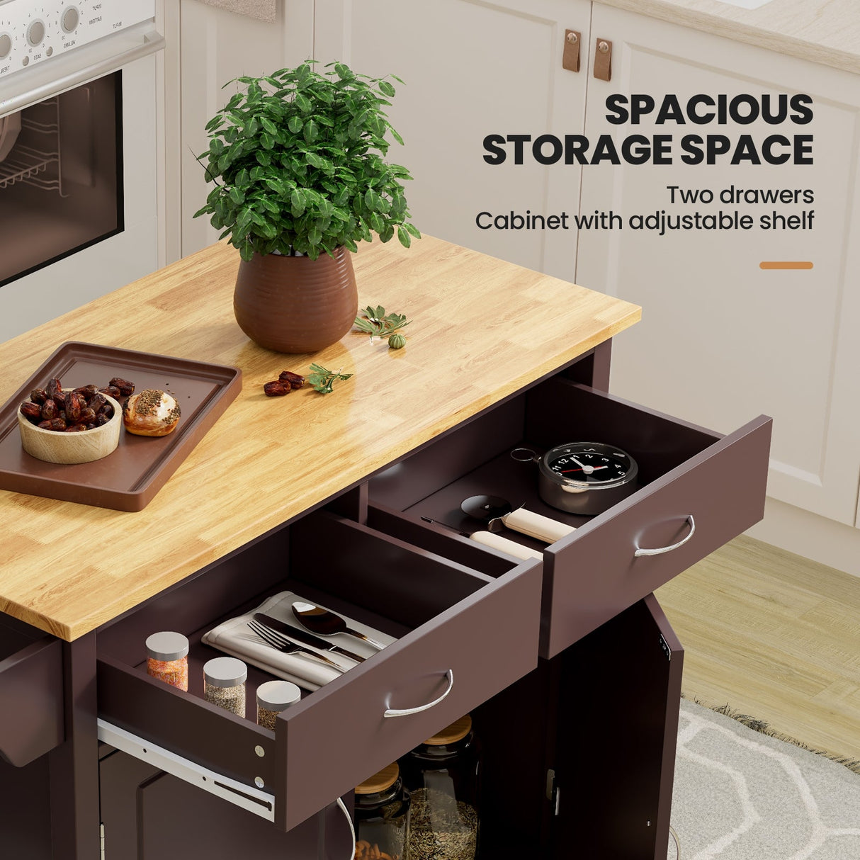 Isla de cocina moderna con ruedas y encimera de madera