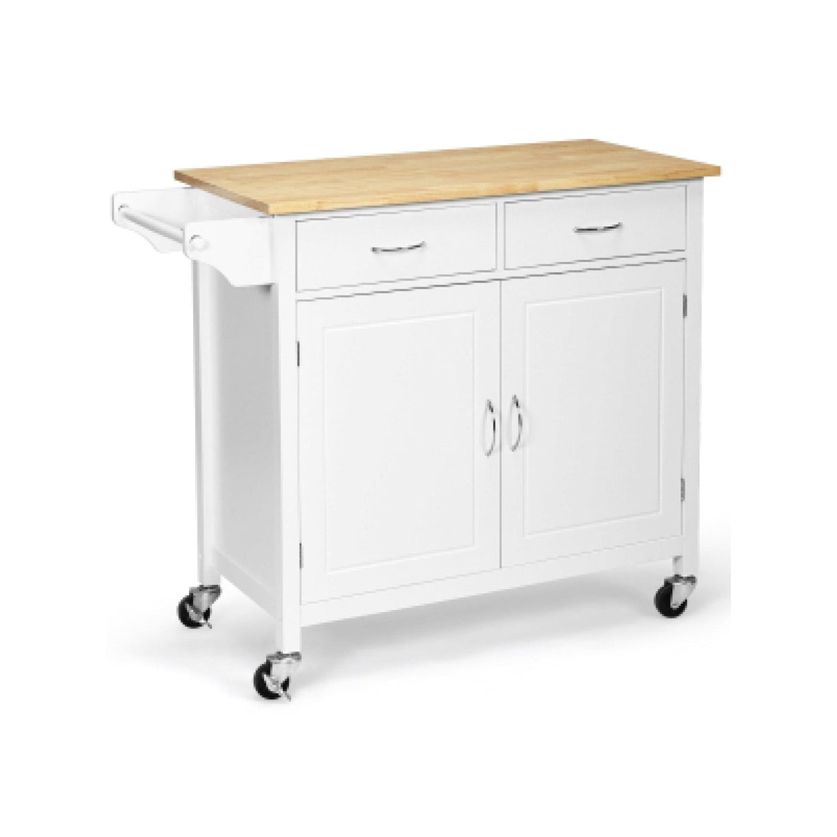 Isla de cocina moderna con ruedas y encimera de madera