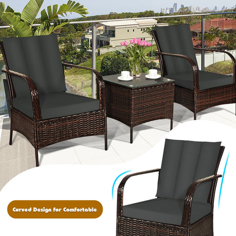 Juego de Muebles de Ratán para Patio de 3 Piezas con Mesa de Centro de Cristal y Cojines