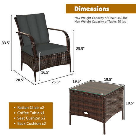 Juego de Muebles de Ratán para Patio de 3 Piezas con Mesa de Centro de Cristal y Cojines