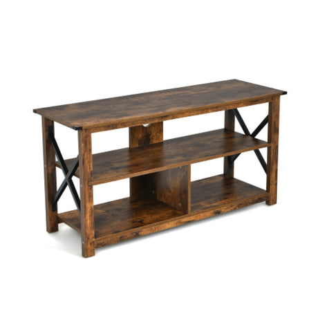 Mueble de TV de madera de 3 niveles para 55 pulgadas con estantes abiertos y estructura en forma de X