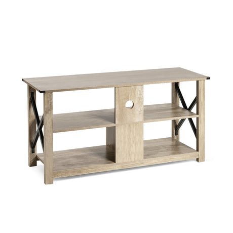 Mueble de TV de madera de 3 niveles para 55 pulgadas con estantes abiertos y estructura en forma de X
