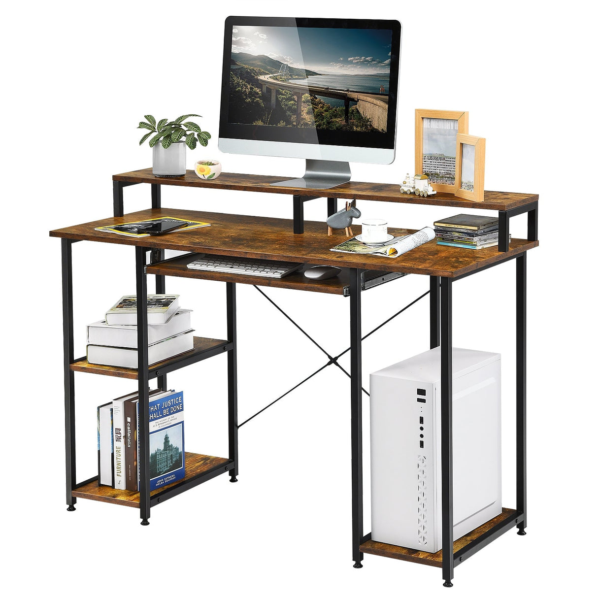 Escritorio para computadora de 47 pulgadas, mesa de estudio con bandeja para teclado y soporte para monitor