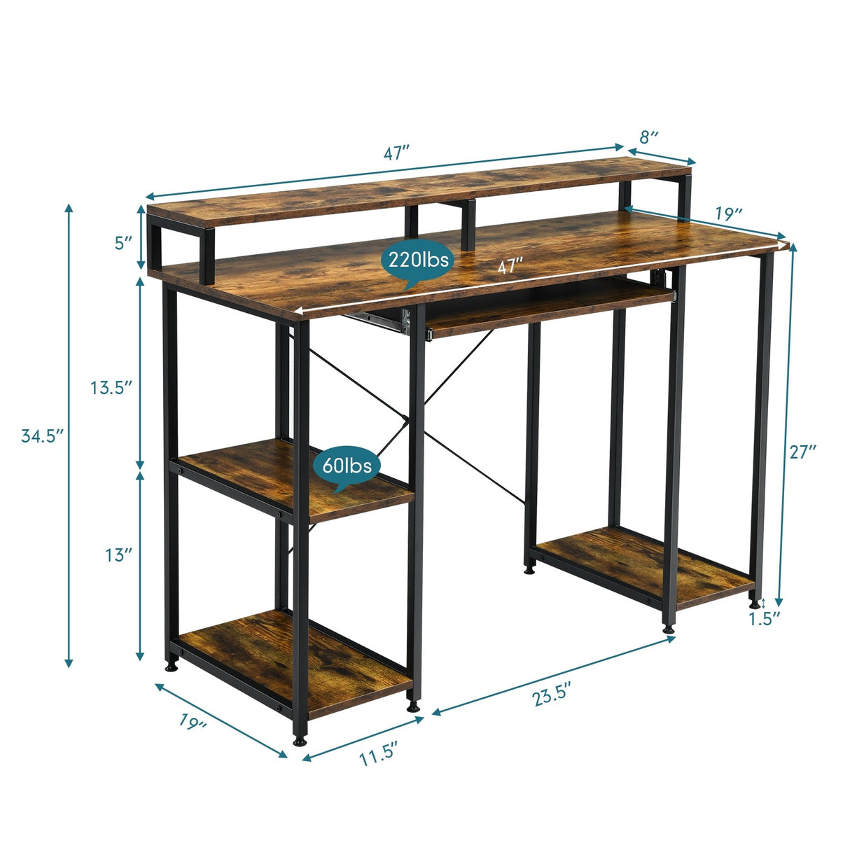 Escritorio para computadora de 47 pulgadas, mesa de estudio con bandeja para teclado y soporte para monitor