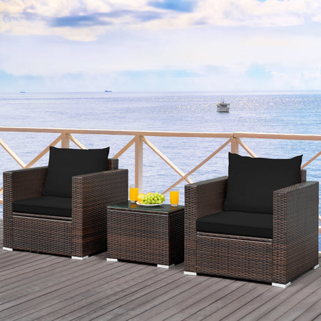 Juego de muebles de ratán de 3 piezas para patio con cojín