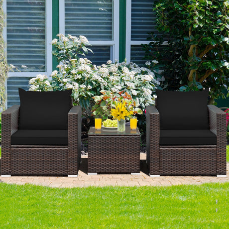 Juego de muebles de ratán de 3 piezas para patio con cojín