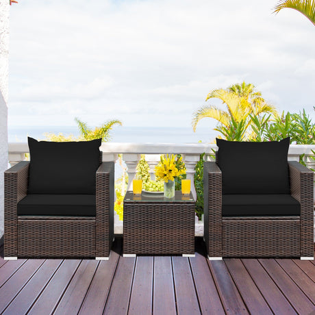 Juego de muebles de ratán de 3 piezas para patio con cojín