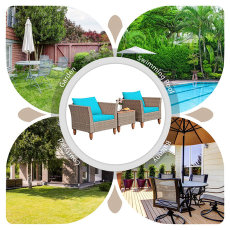 Juego de muebles de patio de ratán de 3 piezas con cojines lavables para jardín o porche