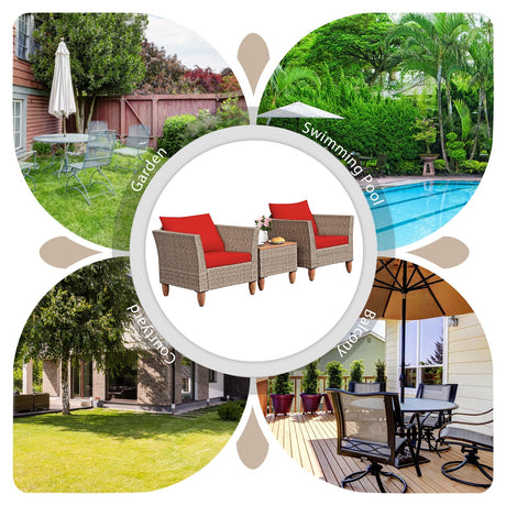 Juego de muebles de patio de ratán de 3 piezas con cojines lavables para jardín o porche