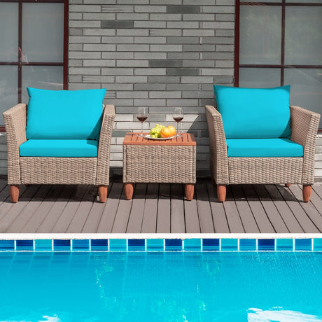 Juego de muebles de patio de ratán de 3 piezas con cojines lavables para jardín o porche