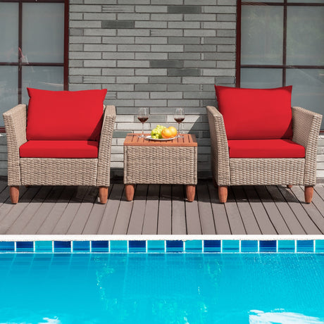 Juego de muebles de patio de ratán de 3 piezas con cojines lavables para jardín o porche
