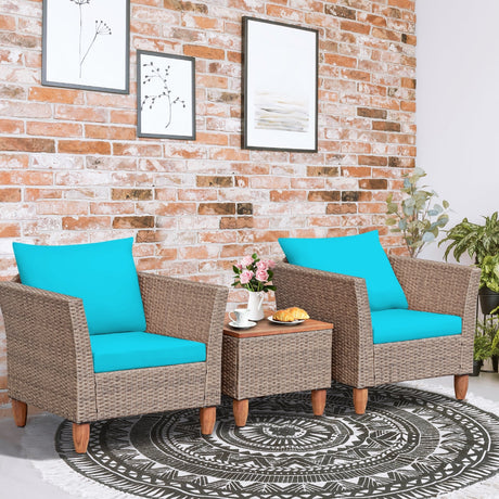 Juego de muebles de patio de ratán de 3 piezas con cojines lavables para jardín o porche