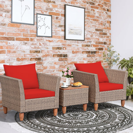 Juego de muebles de patio de ratán de 3 piezas con cojines lavables para jardín o porche