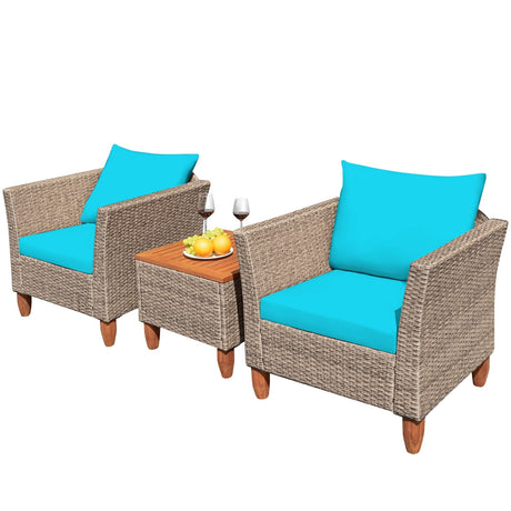 Juego de muebles de patio de ratán de 3 piezas con cojines lavables para jardín o porche