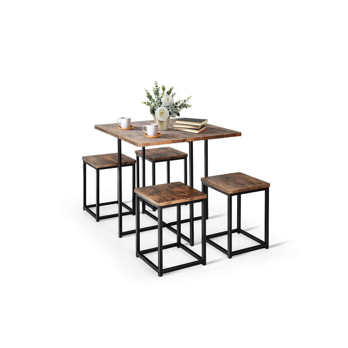 Juego de Comedor de 5 Piezas con Marco de Metal, Mesa de Comedor Compacta y 4 Taburetes
