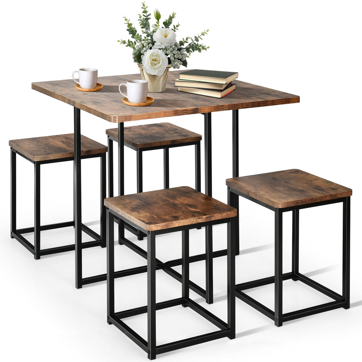 Juego de Comedor de 5 Piezas con Marco de Metal, Mesa de Comedor Compacta y 4 Taburetes