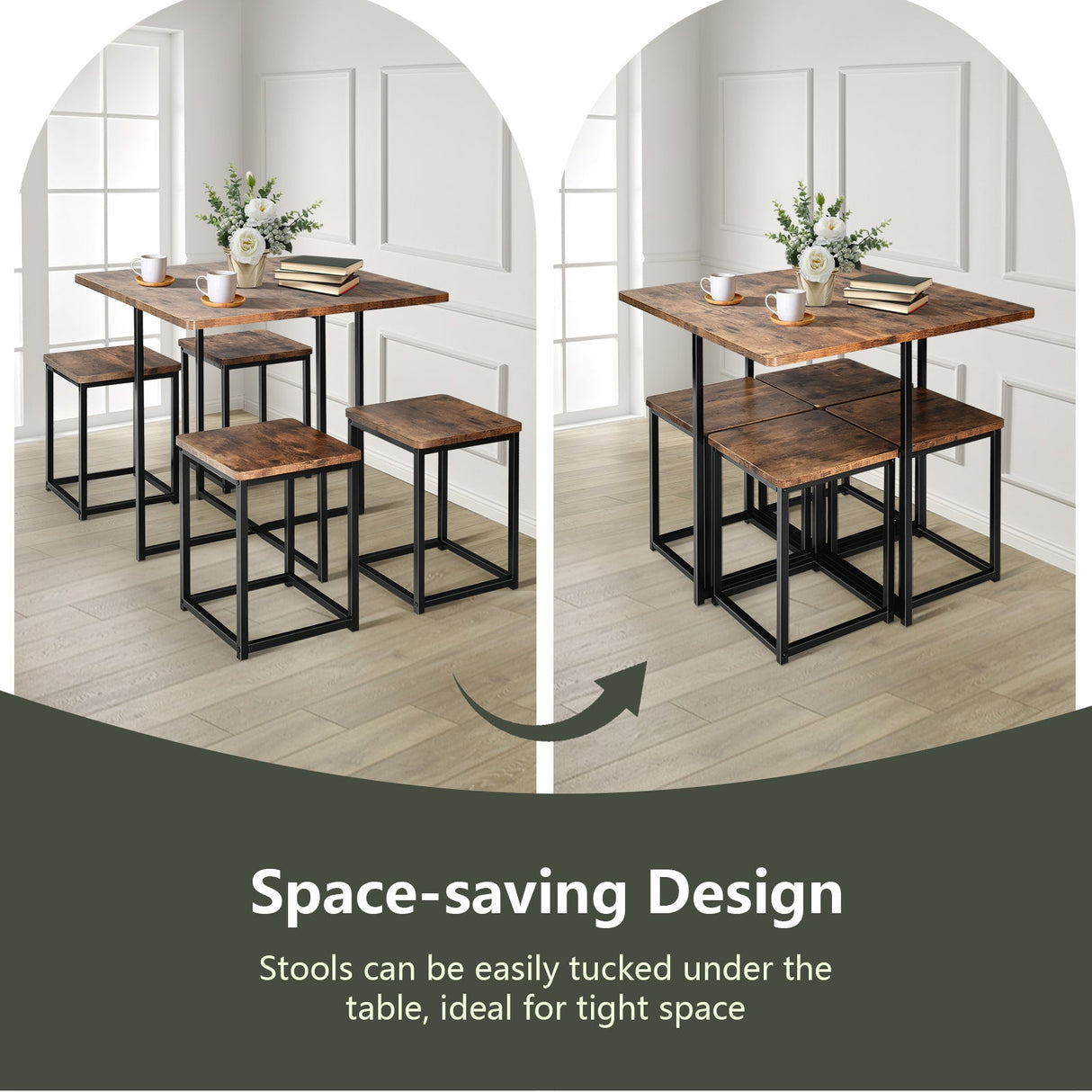 Juego de Comedor de 5 Piezas con Marco de Metal, Mesa de Comedor Compacta y 4 Taburetes