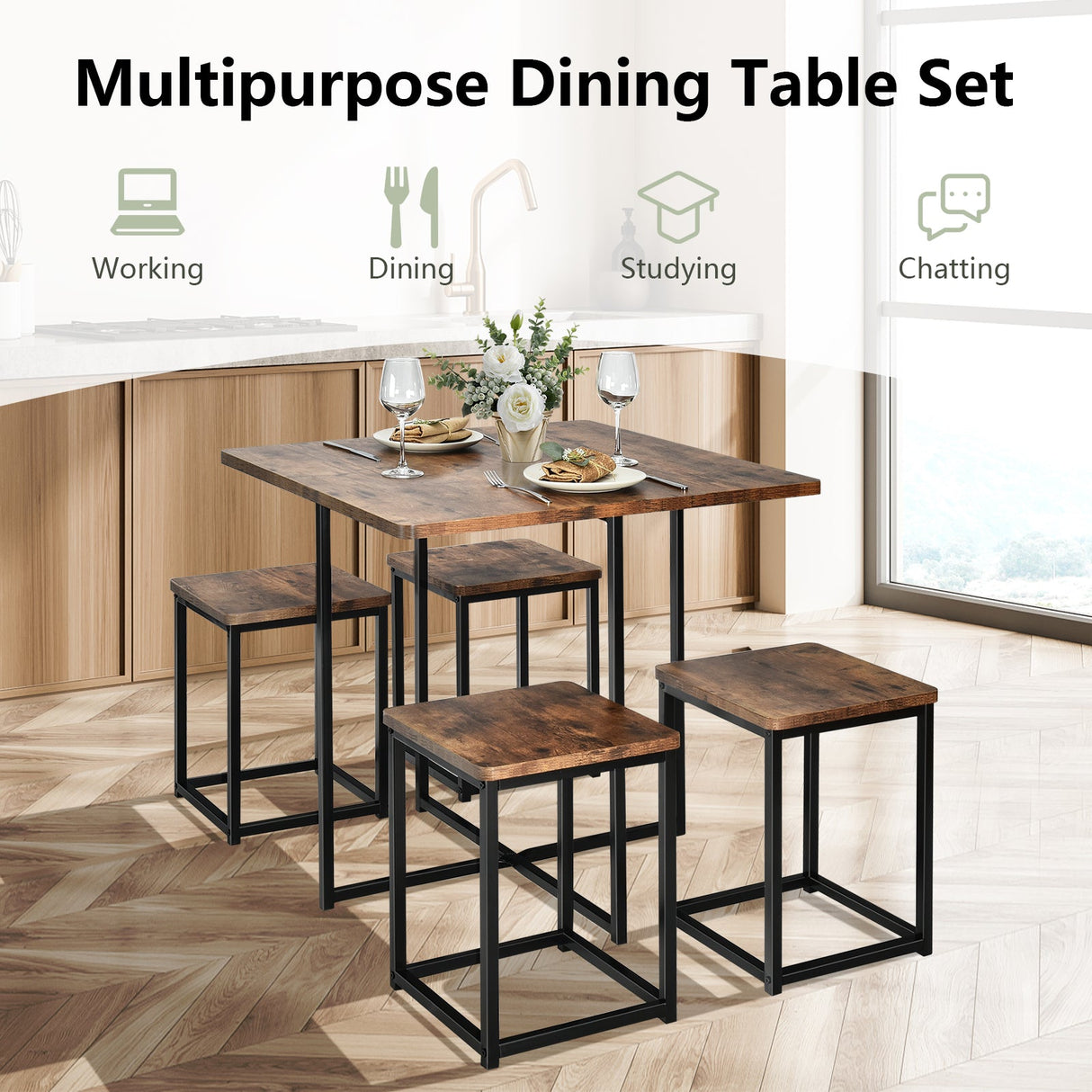 Juego de Comedor de 5 Piezas con Marco de Metal, Mesa de Comedor Compacta y 4 Taburetes