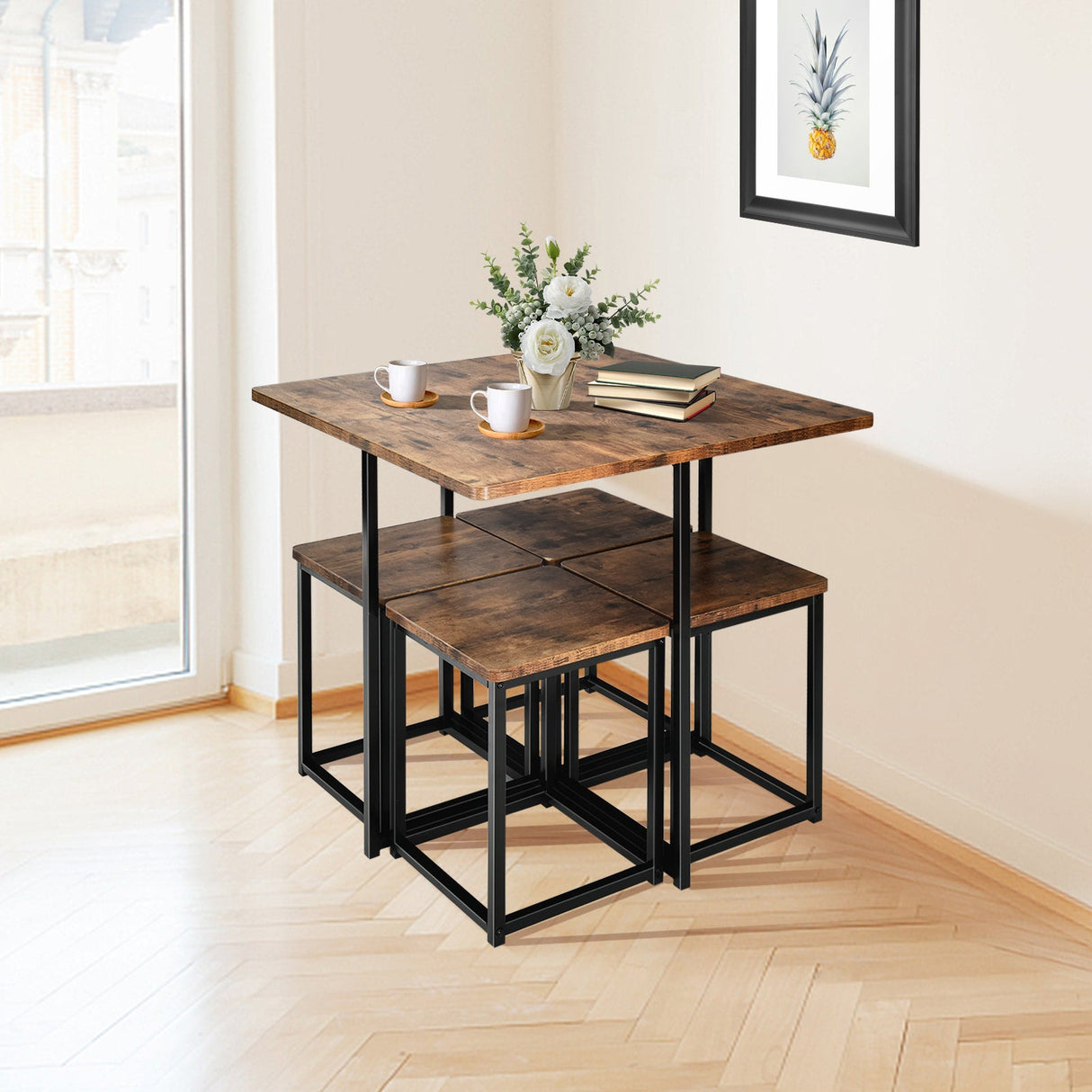 Juego de Comedor de 5 Piezas con Marco de Metal, Mesa de Comedor Compacta y 4 Taburetes