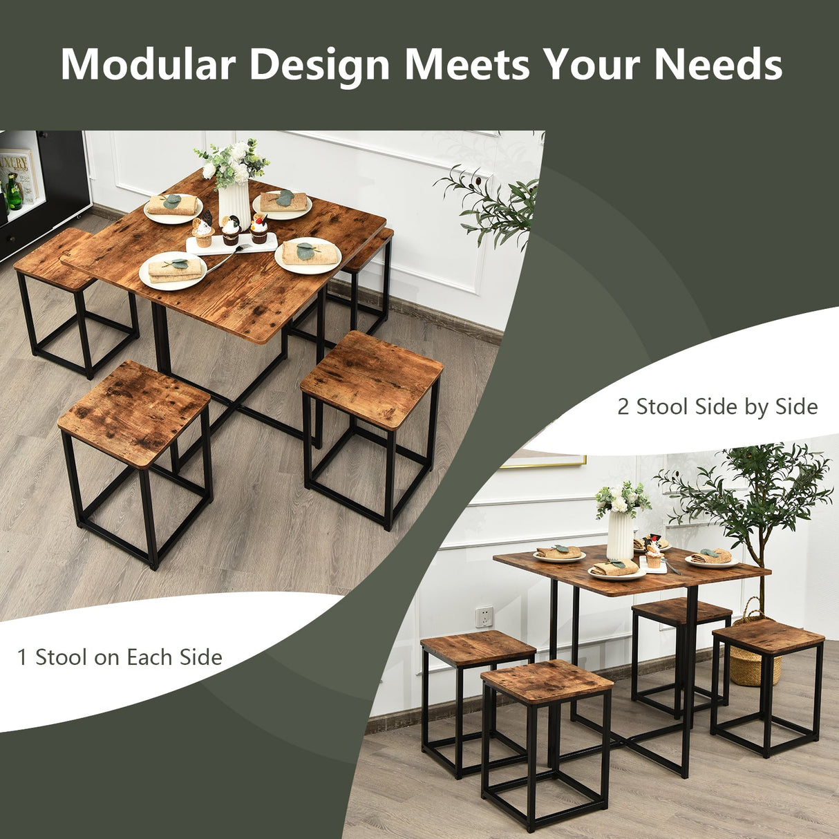 Juego de Comedor de 5 Piezas con Marco de Metal, Mesa de Comedor Compacta y 4 Taburetes