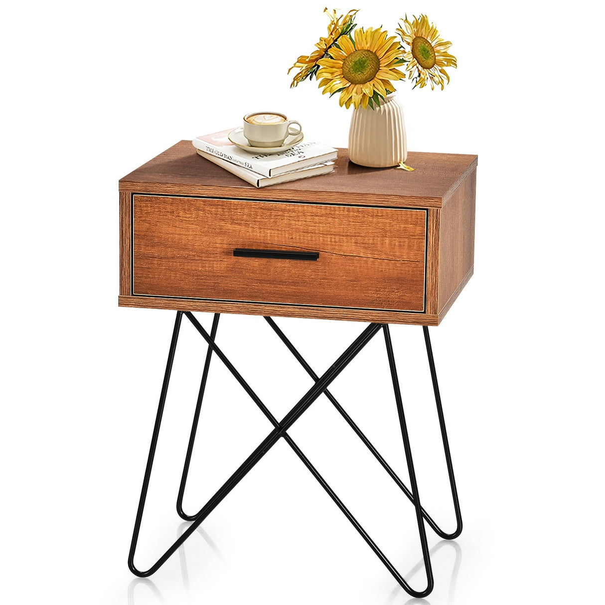 Mesa auxiliar/de noche con almacenamiento, exhibición, patas de acero y 1 cajón