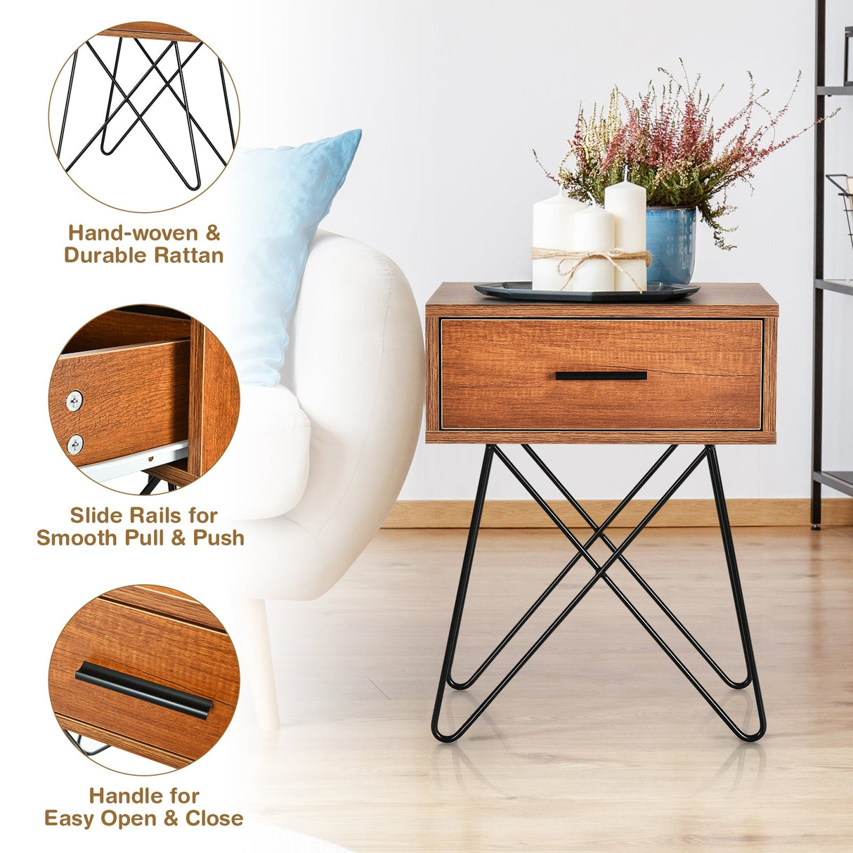 Mesa auxiliar/de noche con almacenamiento, exhibición, patas de acero y 1 cajón