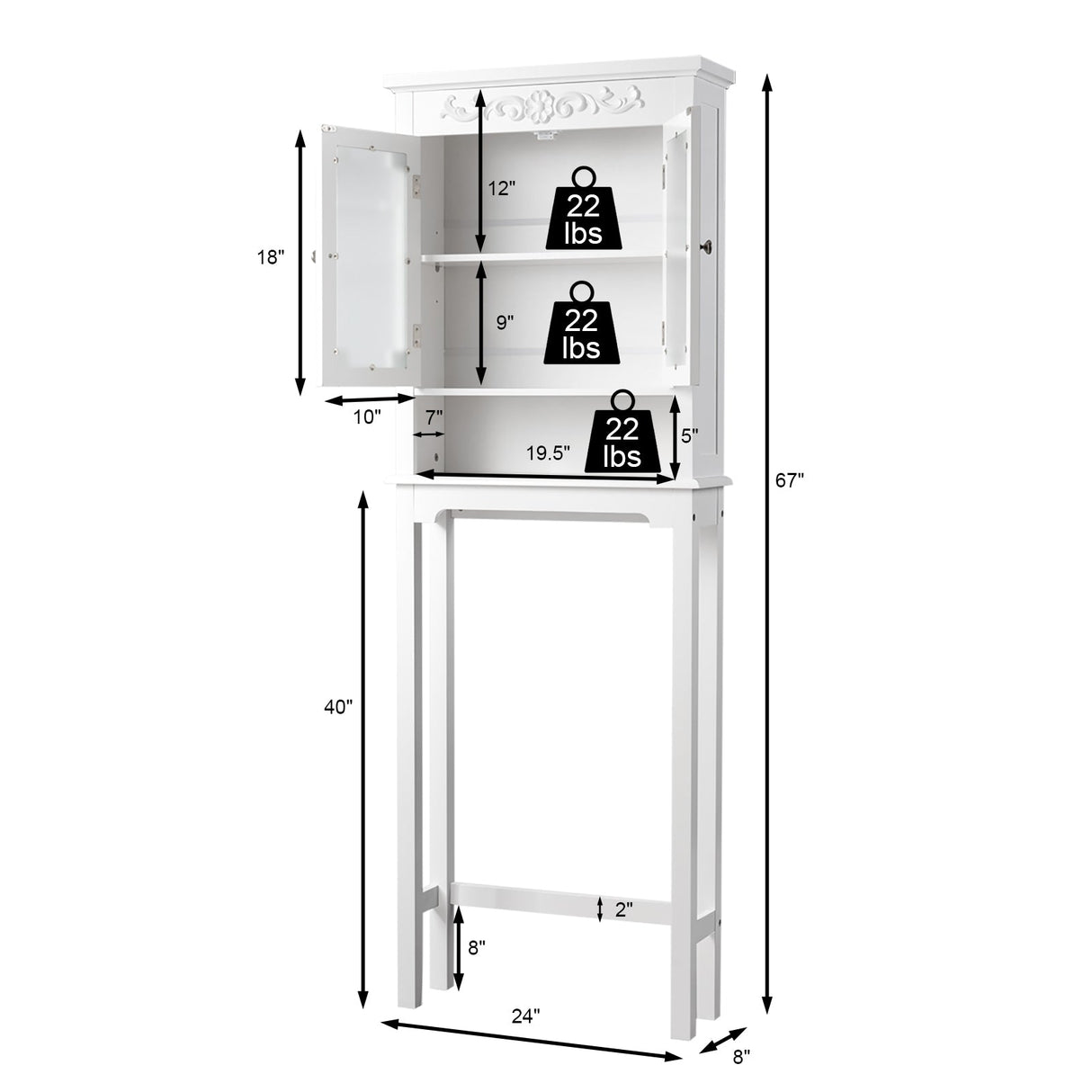Ahorrador de espacio de baño, estante para inodoro con parte superior tallada y estante ajustable