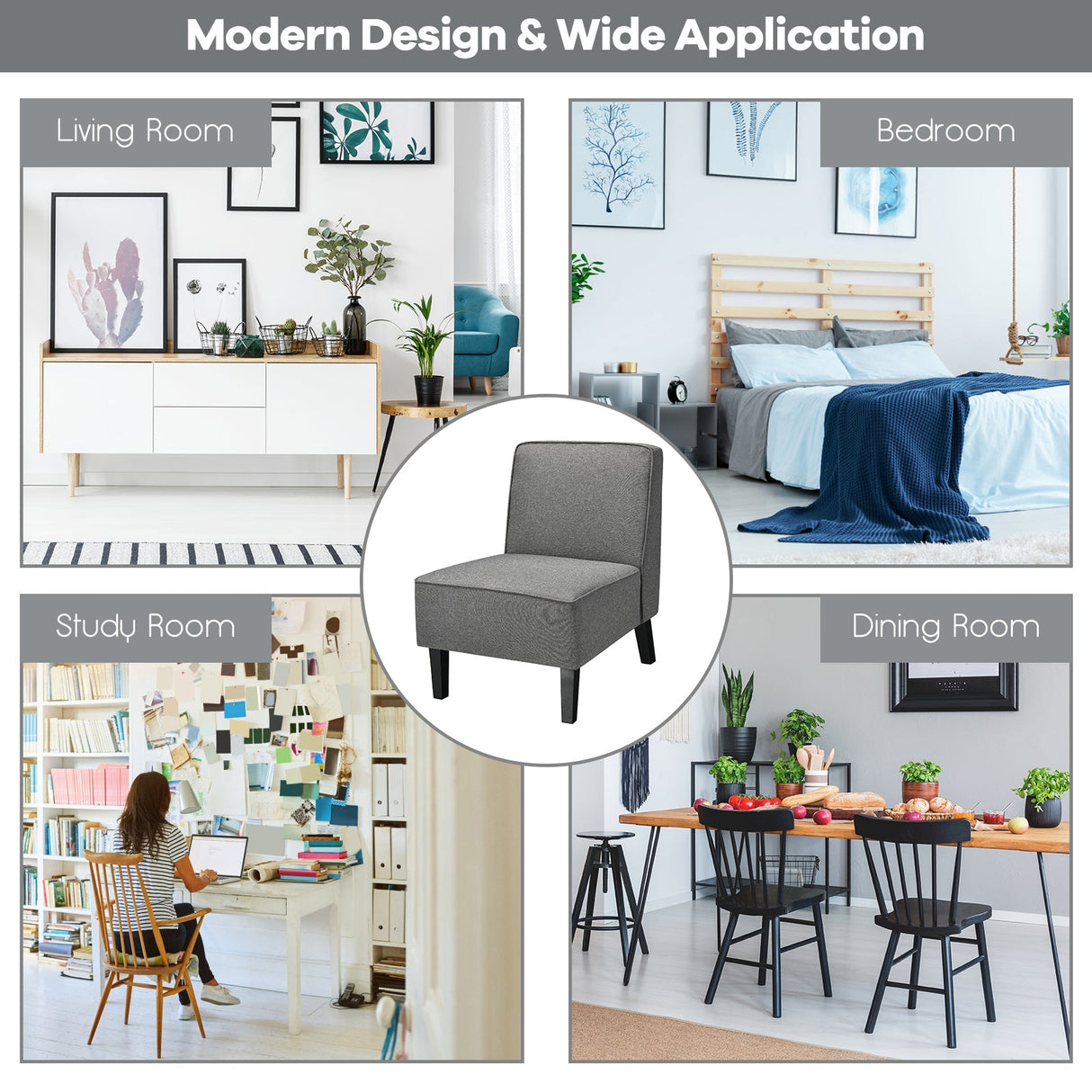 Sillón decorativo moderno sin brazos con patas de madera de caucho