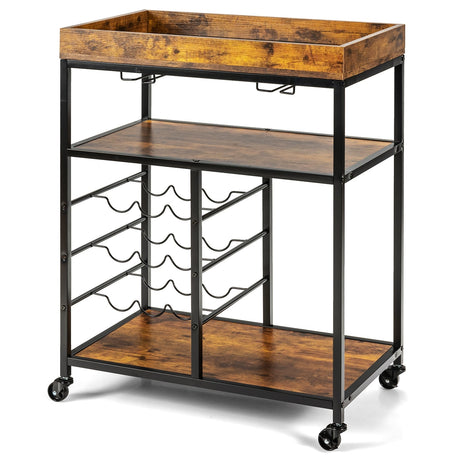 Carrito de Servicio de Cocina Rodante de Madera de 3 Niveles con Soporte para 9 Botellas de Vino, Estructura Metálica - Marrón Rústico