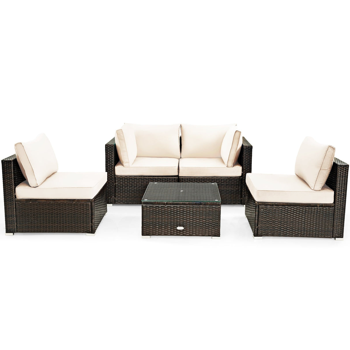 Juego de muebles de patio de ratán acolchados de 5 piezas con mesa de cristal