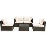Juego de muebles de patio de ratán acolchados de 5 piezas con mesa de cristal