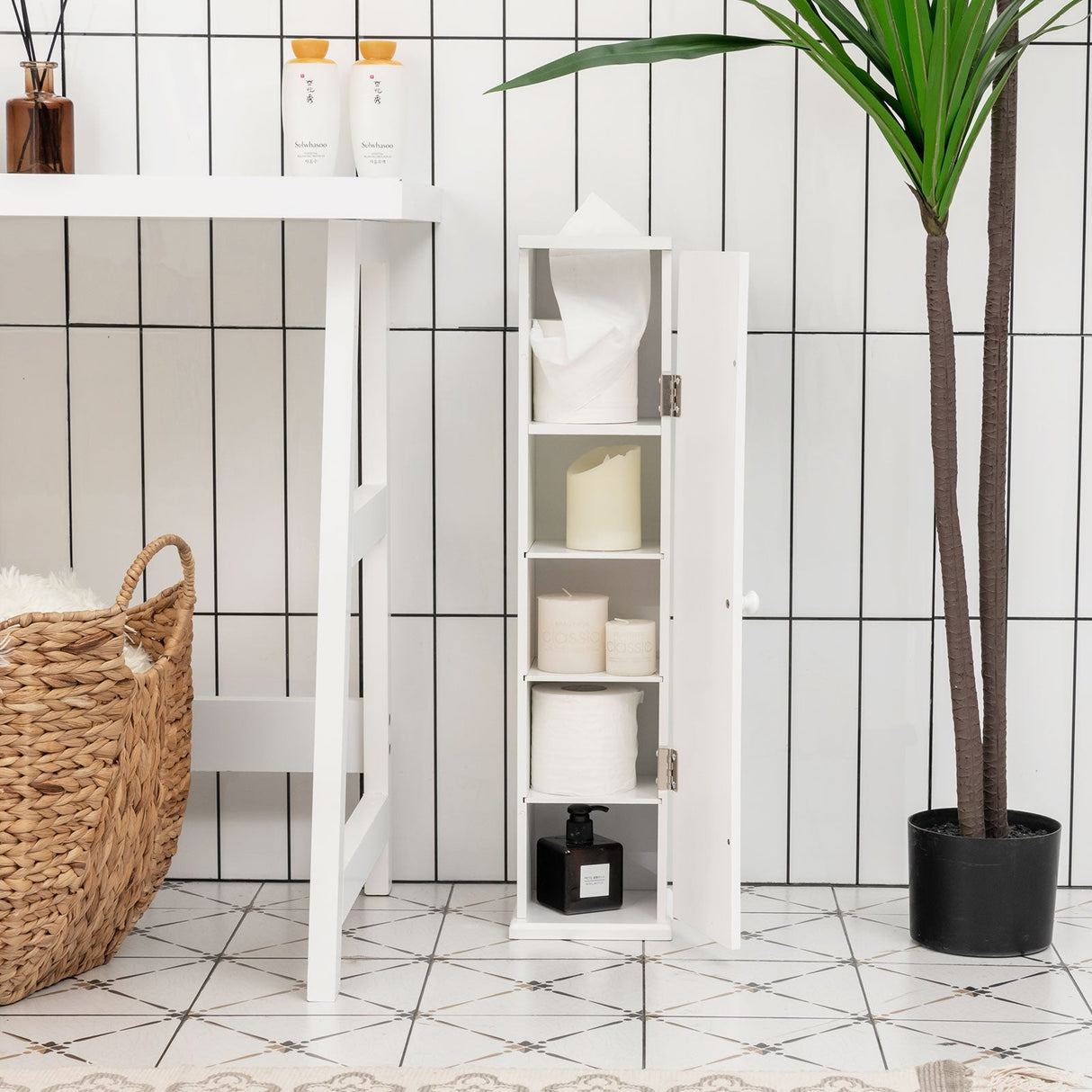 Portarrollos de papel higiénico independiente con 4 estantes y ranura superior para baño - Blanco