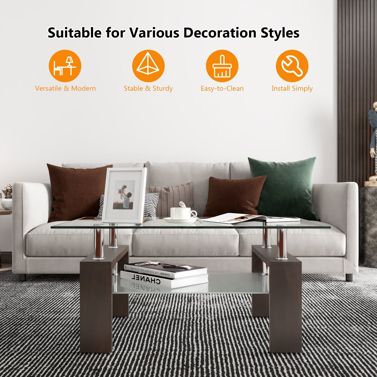 Rectangular Tempered Glass Coffee Table with Shelf