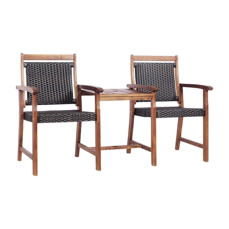 Silla de jardín de ratán y madera de acacia de 2 asientos con mesa de centro