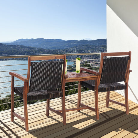 Silla de jardín de ratán y madera de acacia de 2 asientos con mesa de centro
