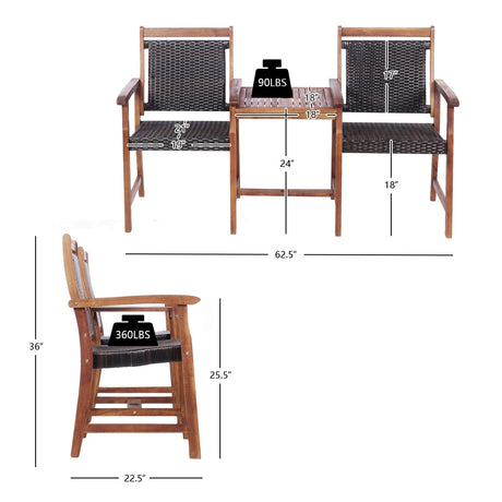 Silla de jardín de ratán y madera de acacia de 2 asientos con mesa de centro