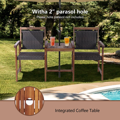 Silla de jardín de ratán y madera de acacia de 2 asientos con mesa de centro