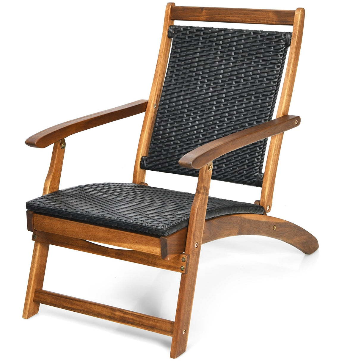 Tumbona plegable de ratán para patio con reposapiés retráctil y estructura de madera de acacia