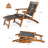 Tumbona plegable de ratán para patio con reposapiés retráctil y estructura de madera de acacia