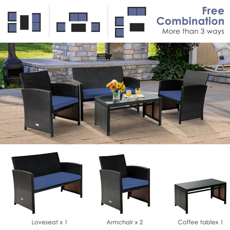 Juego de muebles de patio de ratán acolchado de 4 piezas con mesa de centro - Negro