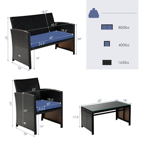 Juego de muebles de patio de ratán acolchado de 4 piezas con mesa de centro - Negro