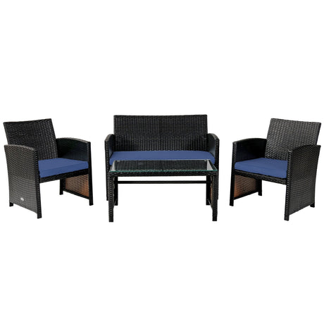 Juego de muebles de patio de ratán acolchado de 4 piezas con mesa de centro - Negro
