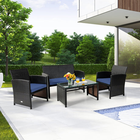 Juego de muebles de patio de ratán acolchado de 4 piezas con mesa de centro - Negro