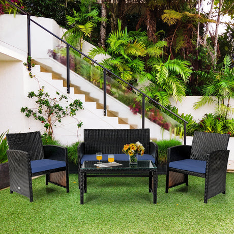 Juego de muebles de patio de ratán acolchado de 4 piezas con mesa de centro - Negro