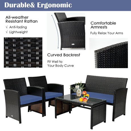 Juego de muebles de patio de ratán acolchado de 4 piezas con mesa de centro - Negro